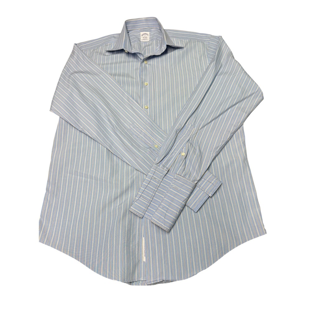 Brooks Brothers Est 1818 Striped Dress Shirt 16-35 Blue Tan French Cuff USA Made